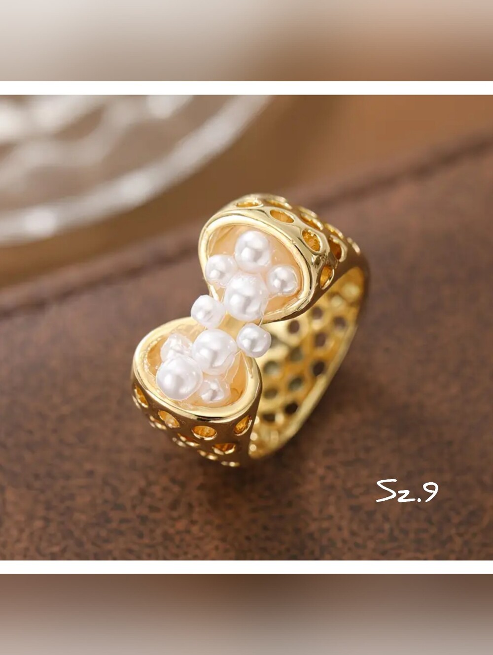 Unique honeycomb shank & faux pearls cage ring, Sz.9, 14k/316L